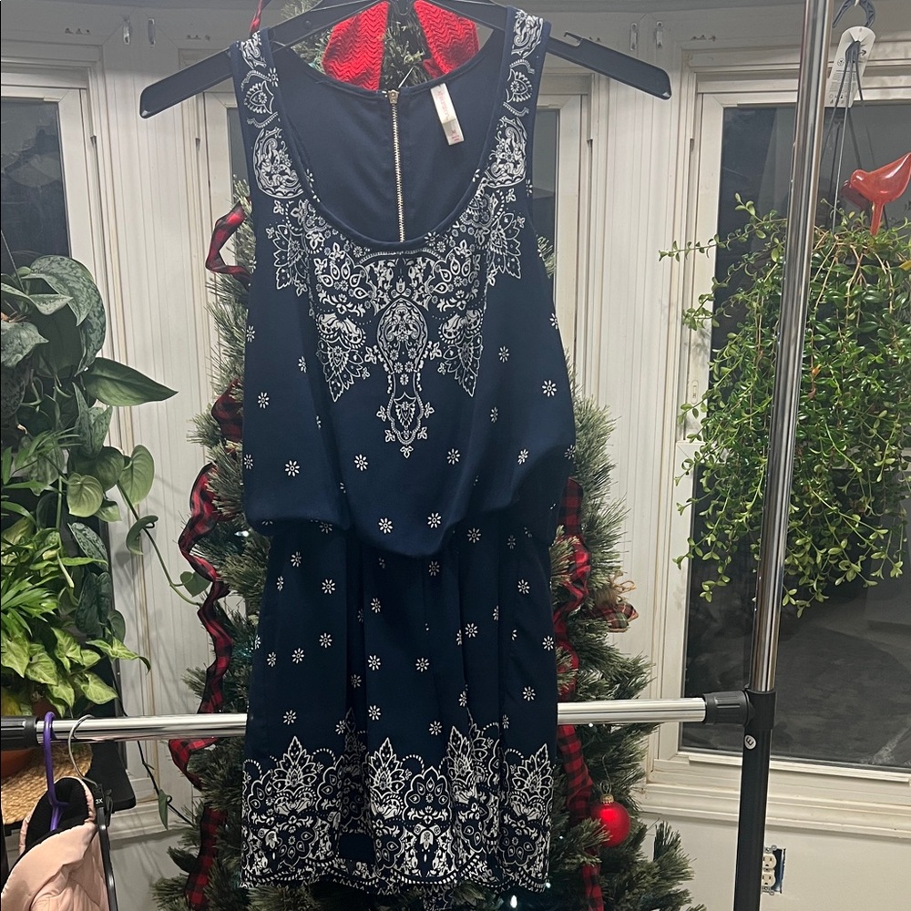 Xhilaration Navy and White Patterned Mini Dress